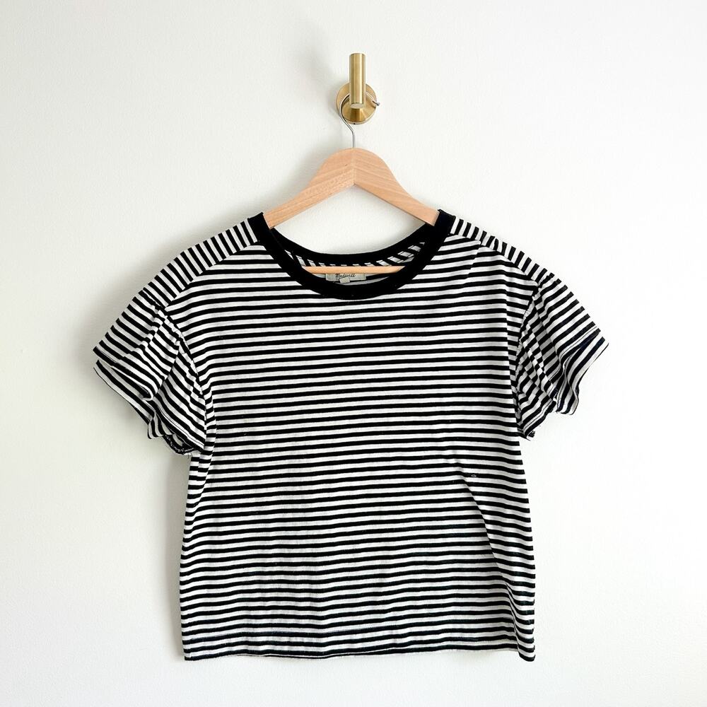 Madewell Ruffle-Sleeve Pullover Crew Neck Top Black/White XXS